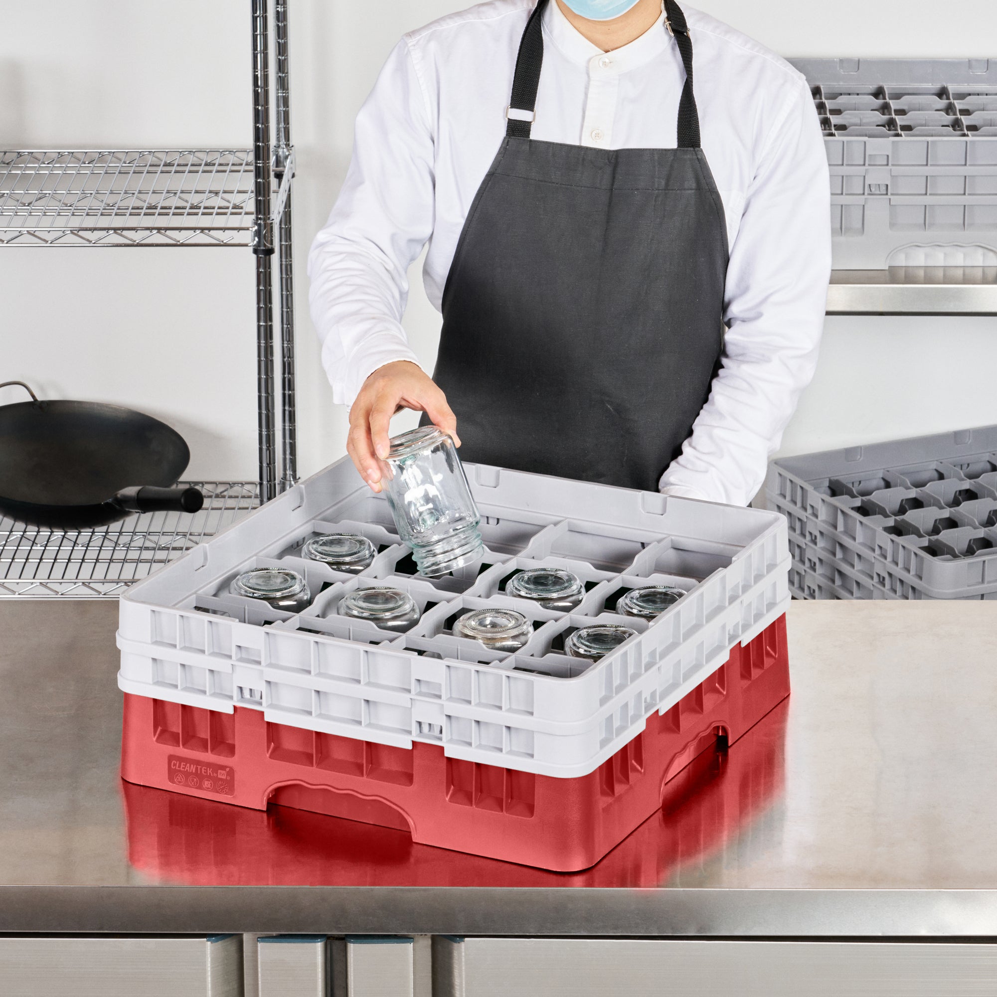 Clean Tek Professional Red Glass Rack - 16 Compartments, 1 Full Drop and 1 Half Drop Extender - 19 3/4" x 19 3/4" x 7 1/4" - 1 count box