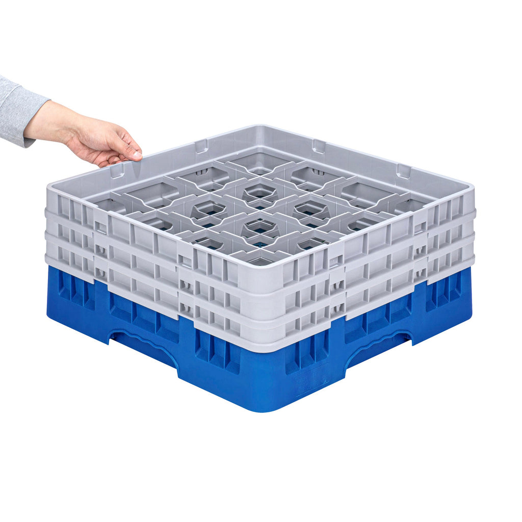 Clean Tek Professional Blue Glass Rack - 16 Compartments, 1 Full Drop and 2 Half Drop Extenders - 19 3/4" x 19 3/4" x 8 3/4" - 1 count box