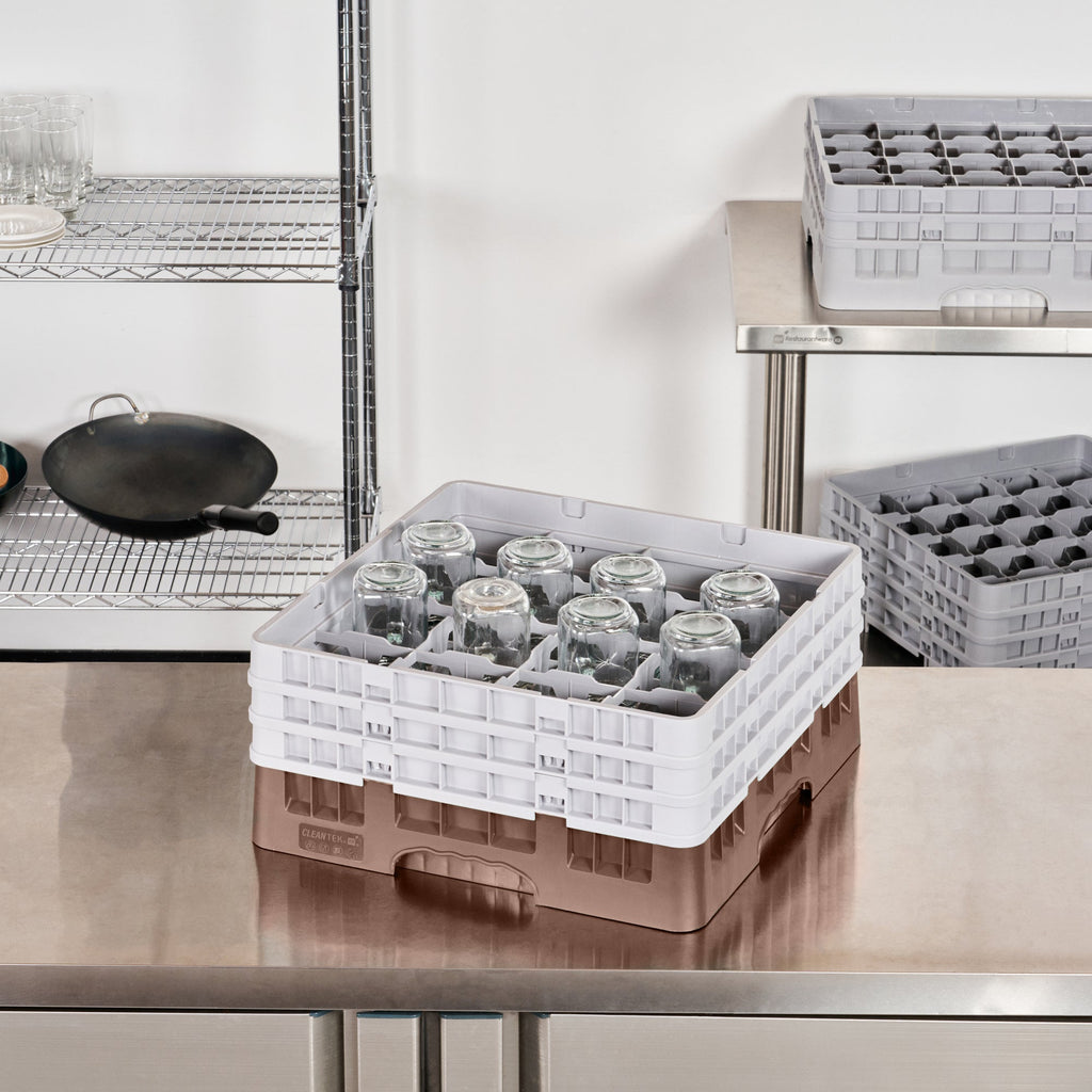 Clean Tek Professional Brown Glass Rack - 16 Compartments, 1 Full Drop and 2 Half Drop Extenders - 19 3/4" x 19 3/4" x 8 3/4" - 1 count box