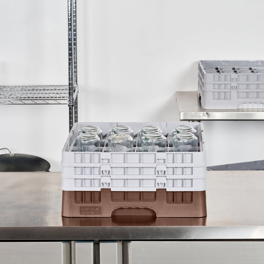 Clean Tek Professional Brown Glass Rack - 16 Compartments, 1 Full Drop and 2 Half Drop Extenders - 19 3/4" x 19 3/4" x 8 3/4" - 1 count box