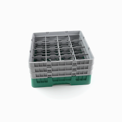 Clean Tek Professional Green Glass Rack - 16 Compartments, 1 Full Drop and 2 Half Drop Extenders - 19 3/4" x 19 3/4" x 8 3/4" - 1 count box