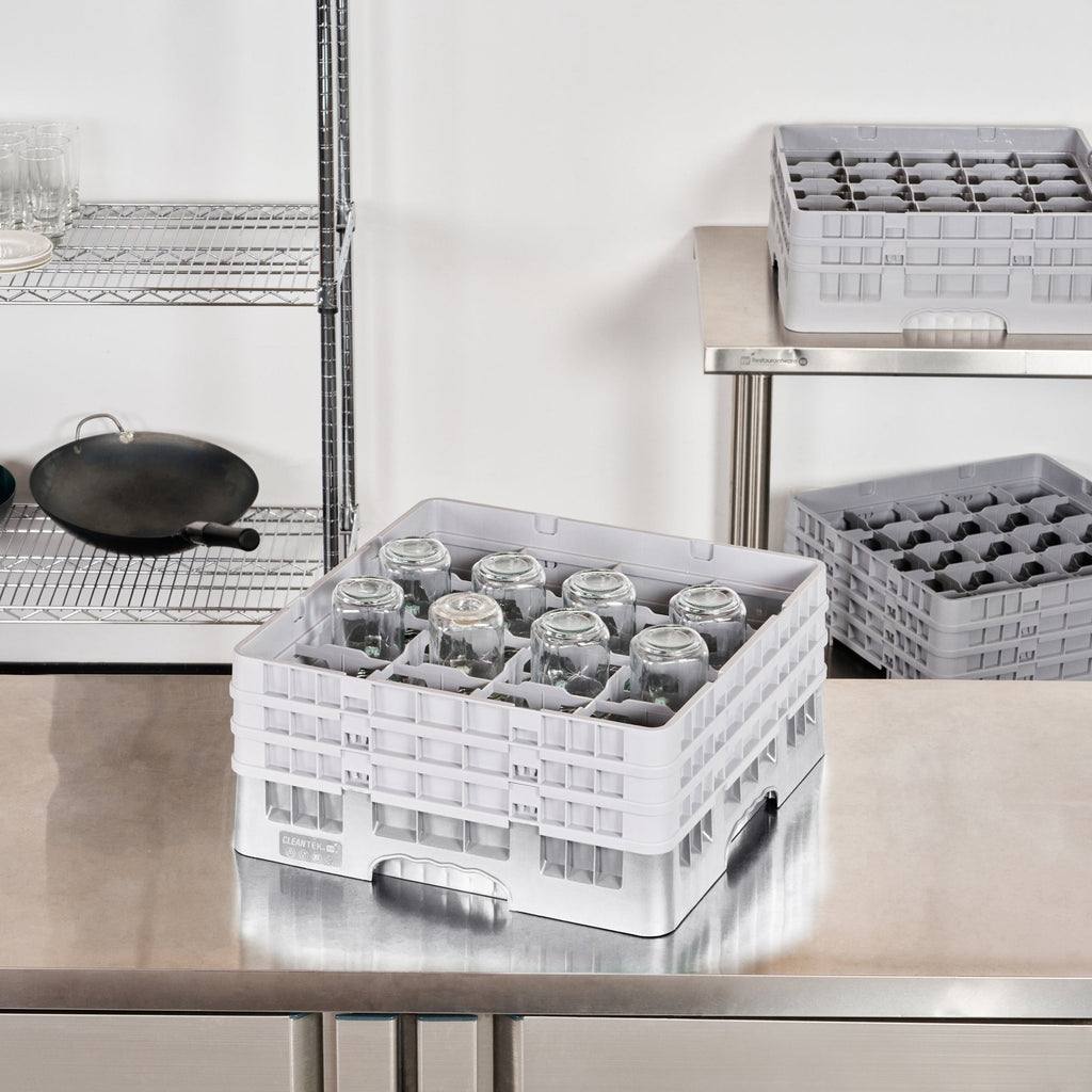 Clean Tek Professional Gray Glass Rack - 16 Compartments, 1 Full Drop and 2 Half Drop Extenders - 19 3/4" x 19 3/4" x 8 3/4" - 1 count box
