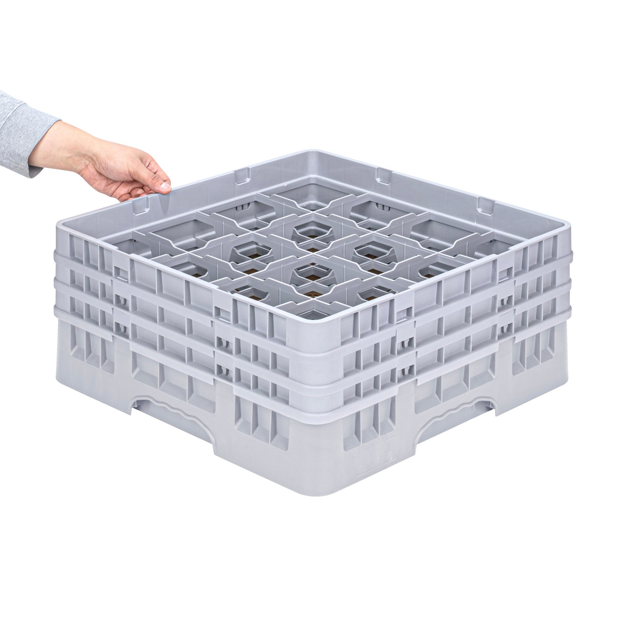 Clean Tek Professional Gray Glass Rack - 16 Compartments, 1 Full Drop and 2 Half Drop Extenders - 19 3/4" x 19 3/4" x 8 3/4" - 1 count box