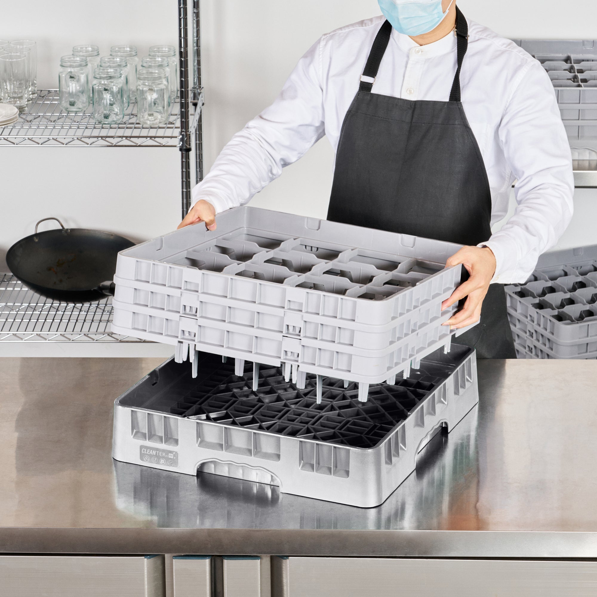 Clean Tek Professional Gray Glass Rack - 16 Compartments, 1 Full Drop and 2 Half Drop Extenders - 19 3/4" x 19 3/4" x 8 3/4" - 1 count box