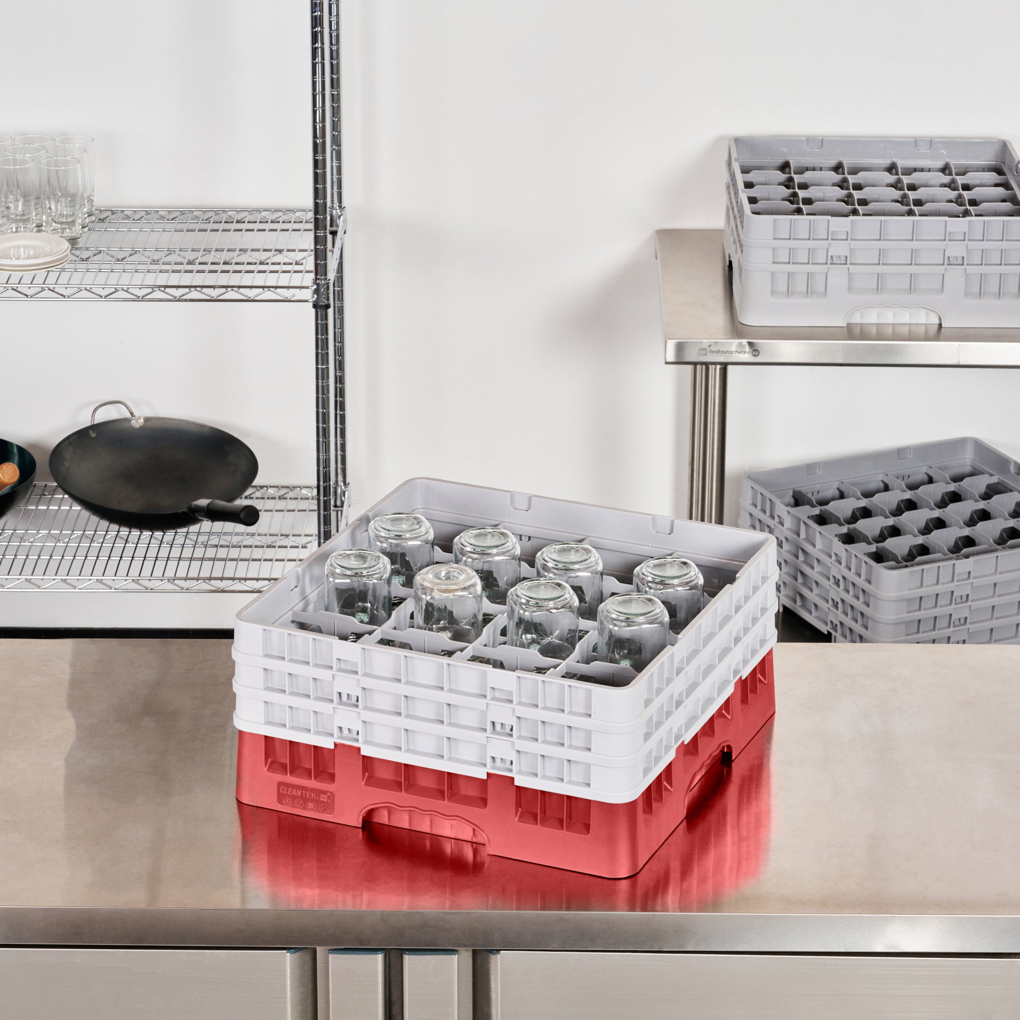 Clean Tek Professional Red Glass Rack - 16 Compartments, 1 Full Drop and 2 Half Drop Extenders - 19 3/4" x 19 3/4" x 8 3/4" - 1 count box