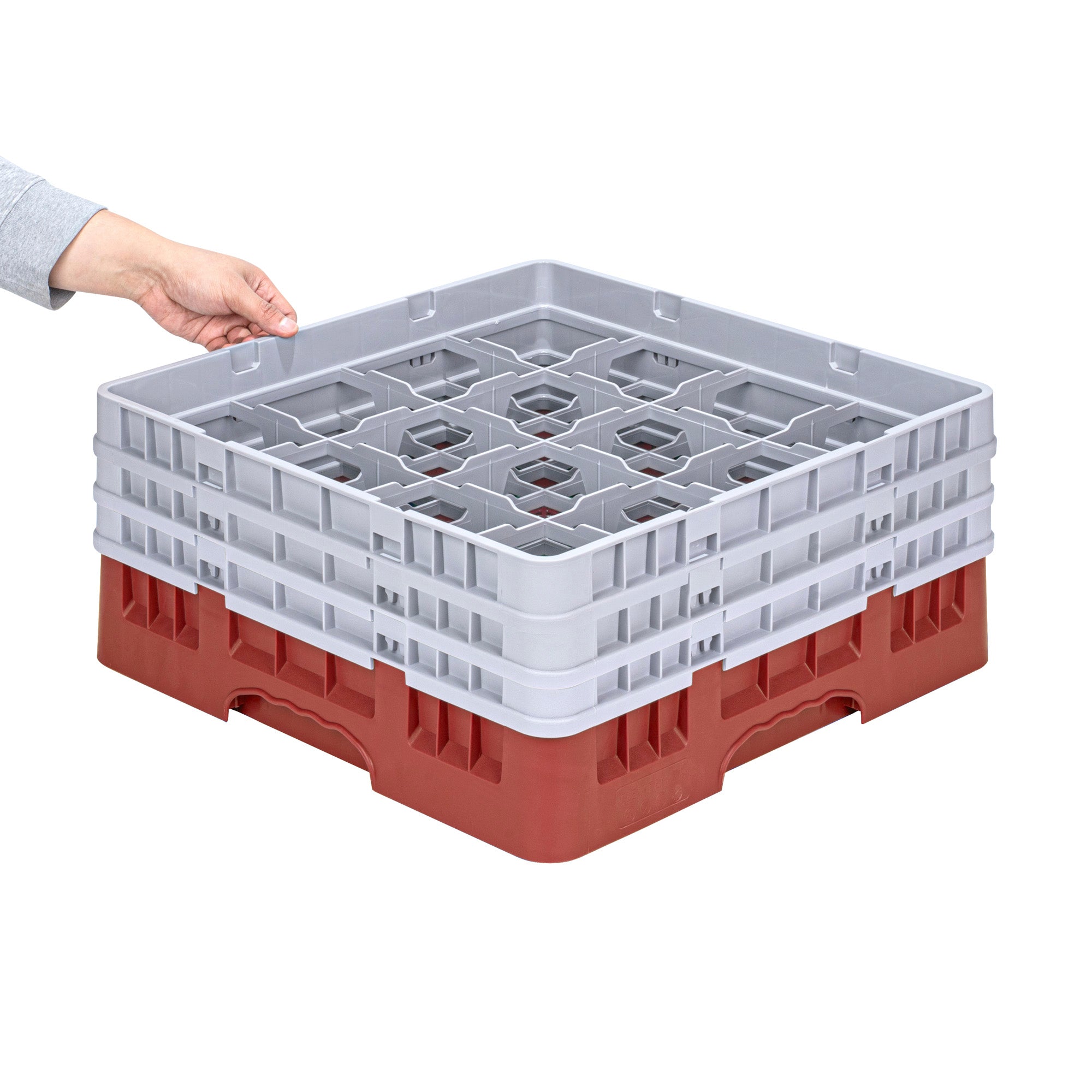 Clean Tek Professional Red Glass Rack - 16 Compartments, 1 Full Drop and 2 Half Drop Extenders - 19 3/4" x 19 3/4" x 8 3/4" - 1 count box