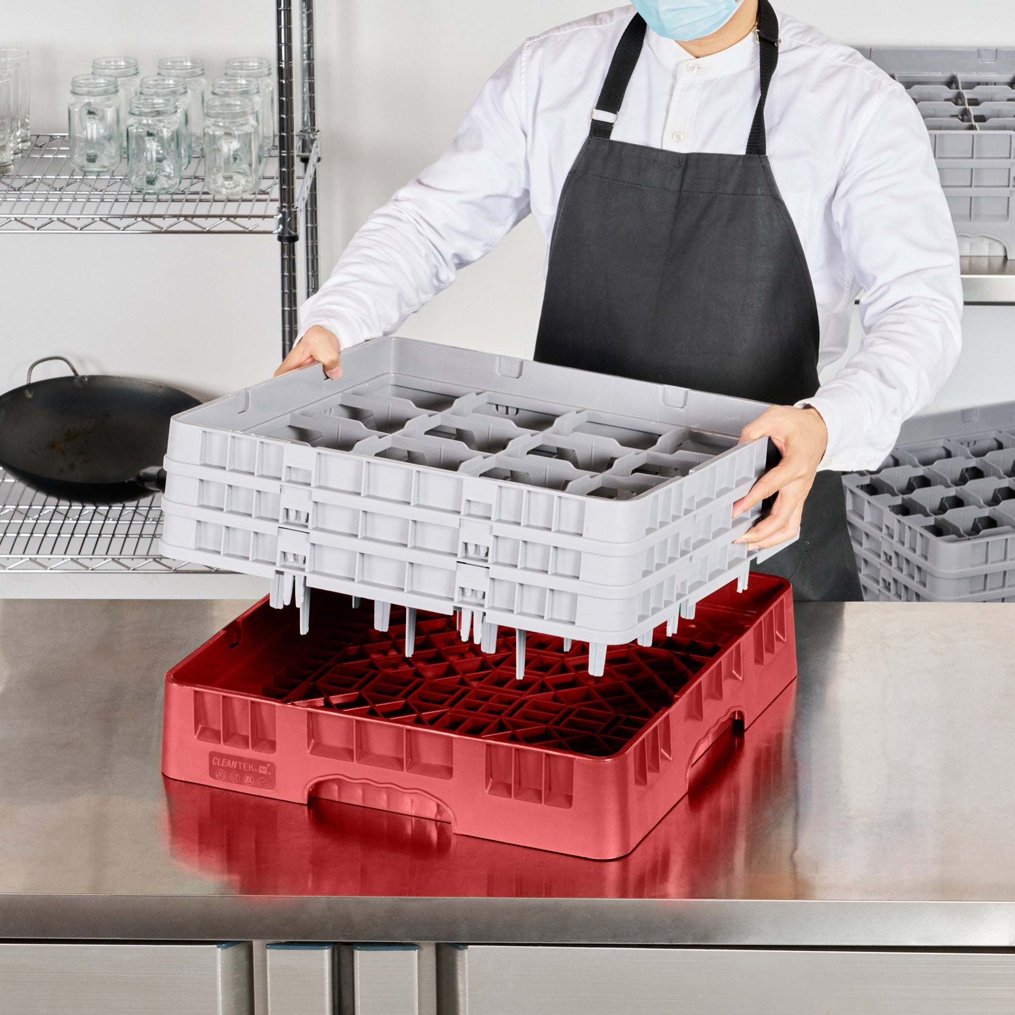 Clean Tek Professional Red Glass Rack - 16 Compartments, 1 Full Drop and 2 Half Drop Extenders - 19 3/4" x 19 3/4" x 8 3/4" - 1 count box