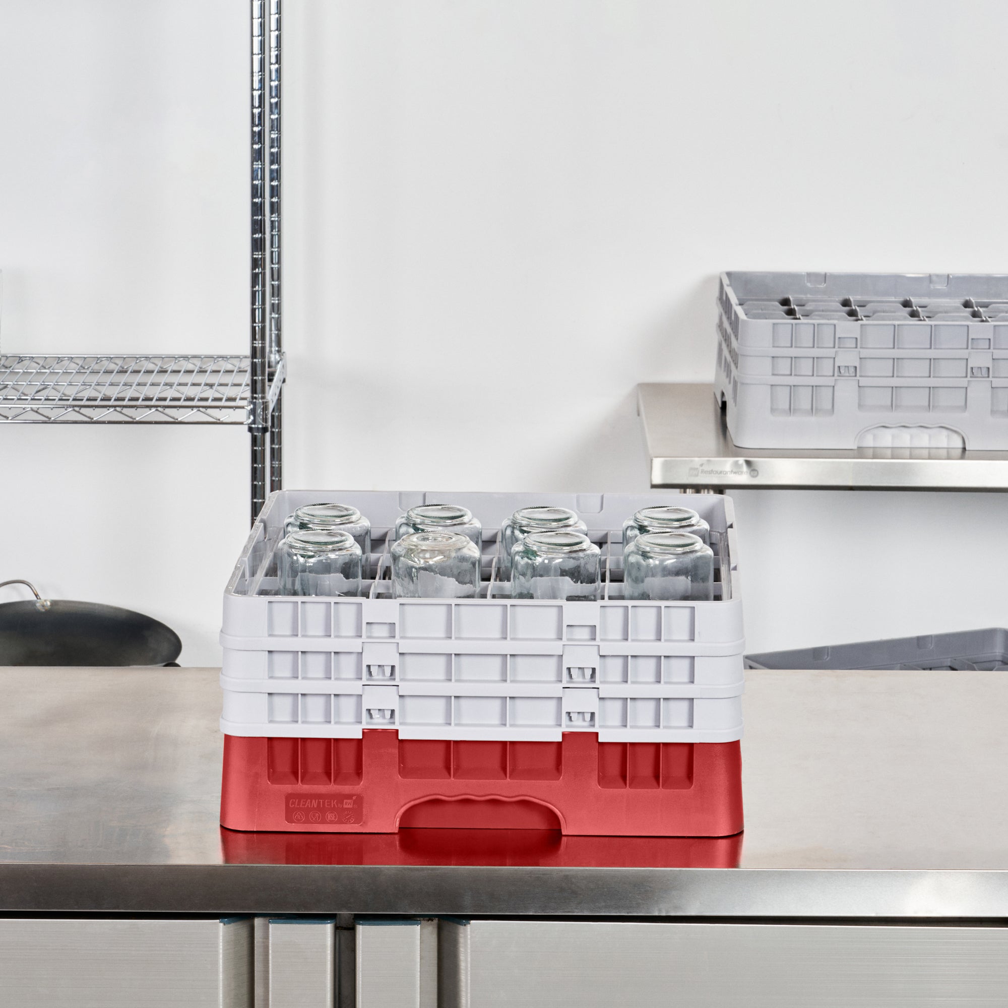 Clean Tek Professional Red Glass Rack - 16 Compartments, 1 Full Drop and 2 Half Drop Extenders - 19 3/4" x 19 3/4" x 8 3/4" - 1 count box