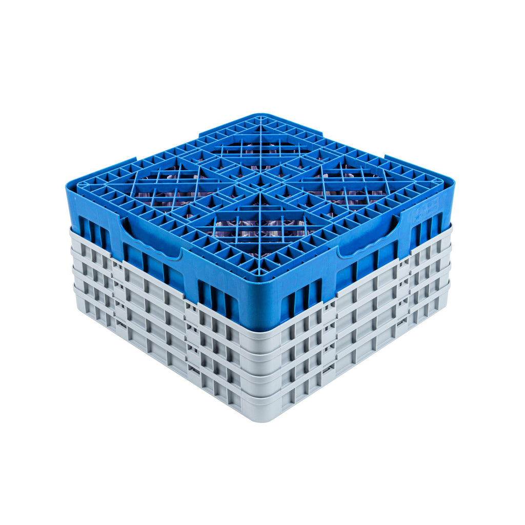 Clean Tek Professional Blue Glass Rack - 16 Compartments, 1 Full Drop and 3 Half Drop Extenders - 19 3/4" x 19 3/4" x 10 1/2" - 1 count box