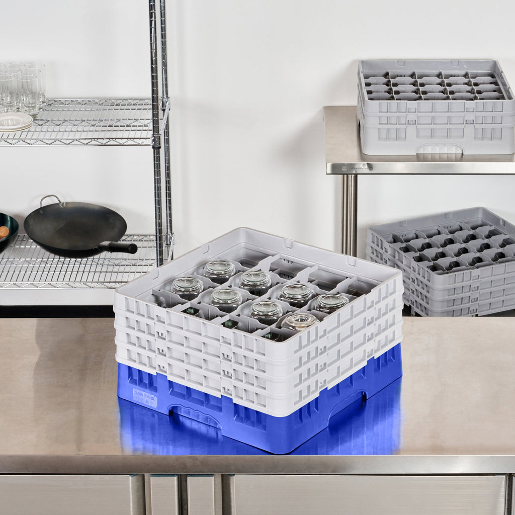 Clean Tek Professional Blue Glass Rack - 16 Compartments, 1 Full Drop and 3 Half Drop Extenders - 19 3/4" x 19 3/4" x 10 1/2" - 1 count box