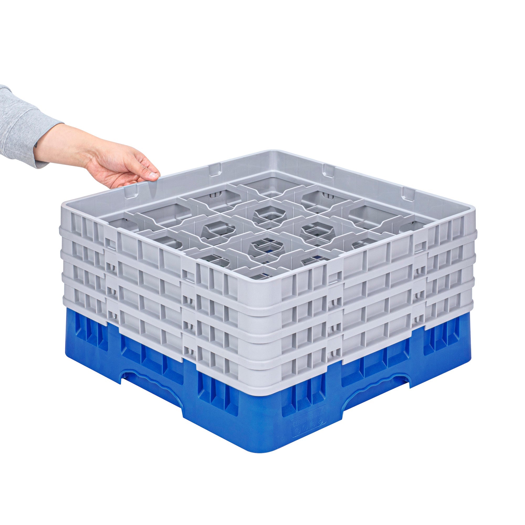 Clean Tek Professional Blue Glass Rack - 16 Compartments, 1 Full Drop and 3 Half Drop Extenders - 19 3/4" x 19 3/4" x 10 1/2" - 1 count box