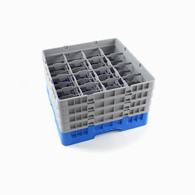 Clean Tek Professional Blue Glass Rack - 16 Compartments, 1 Full Drop and 3 Half Drop Extenders - 19 3/4" x 19 3/4" x 10 1/2" - 1 count box