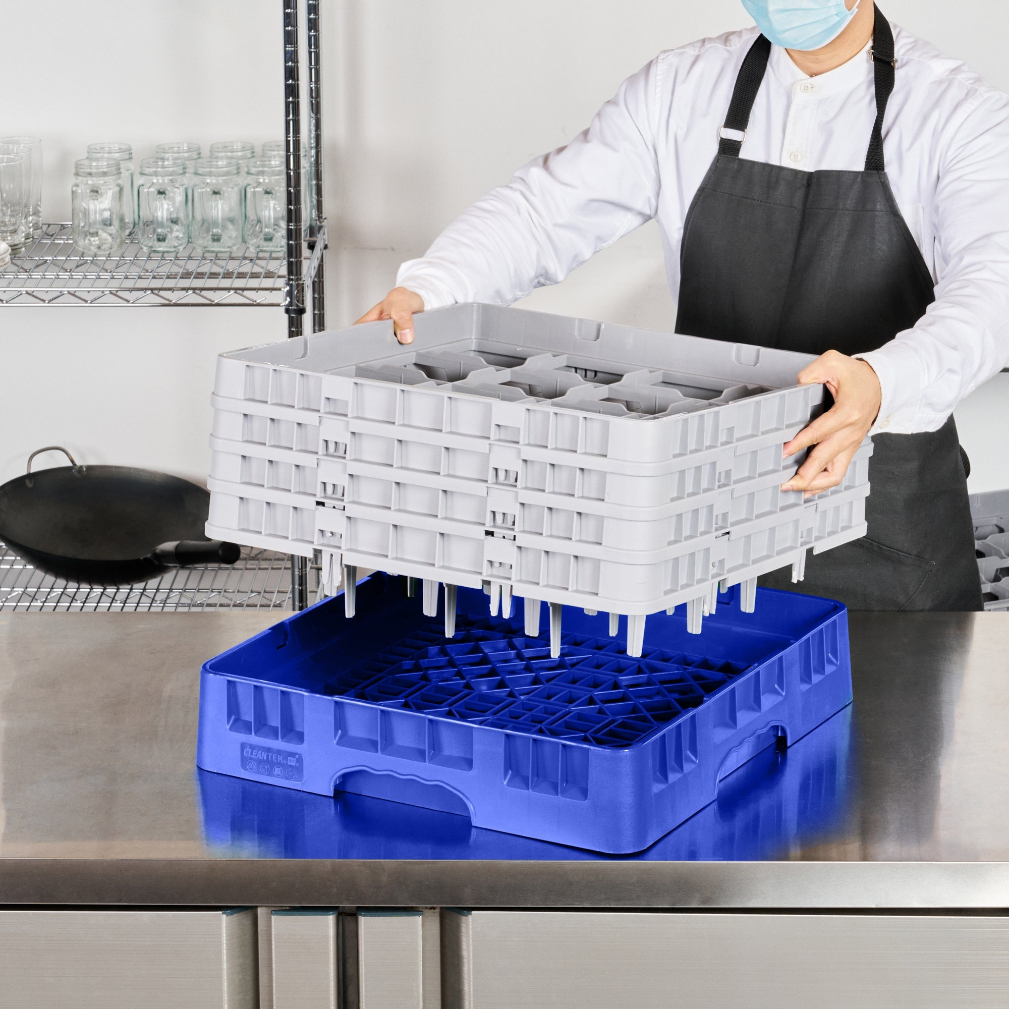 Clean Tek Professional Blue Glass Rack - 16 Compartments, 1 Full Drop and 3 Half Drop Extenders - 19 3/4" x 19 3/4" x 10 1/2" - 1 count box