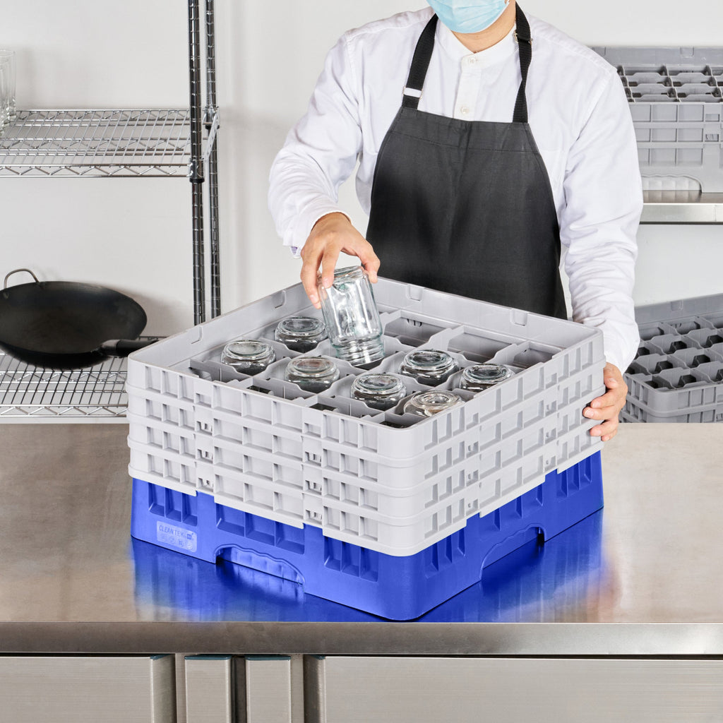 Clean Tek Professional Blue Glass Rack - 16 Compartments, 1 Full Drop and 3 Half Drop Extenders - 19 3/4" x 19 3/4" x 10 1/2" - 1 count box