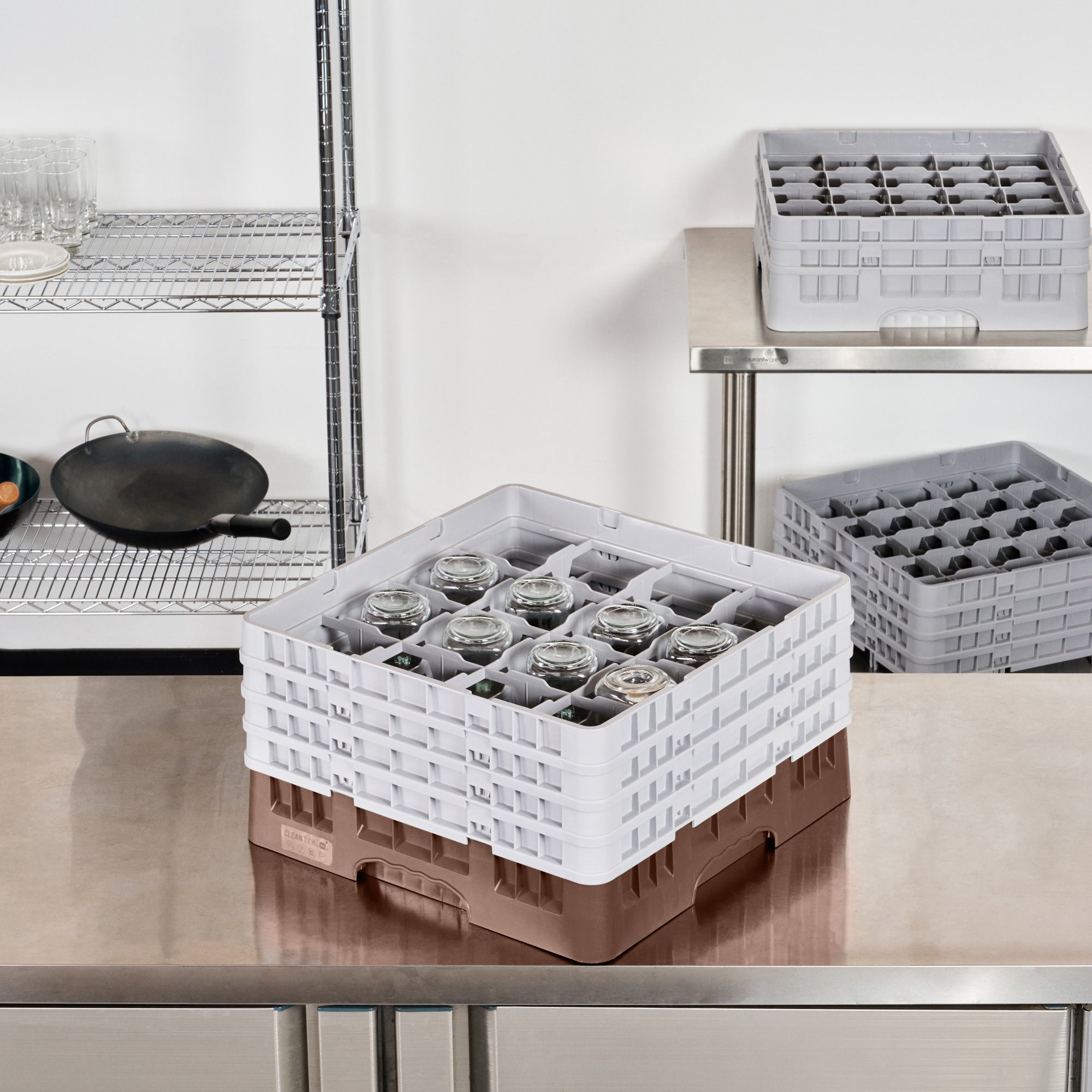 Clean Tek Professional Brown Glass Rack - 16 Compartments, 1 Full Drop and 3 Half Drop Extenders - 19 3/4" x 19 3/4" x 10 1/2" - 1 count box