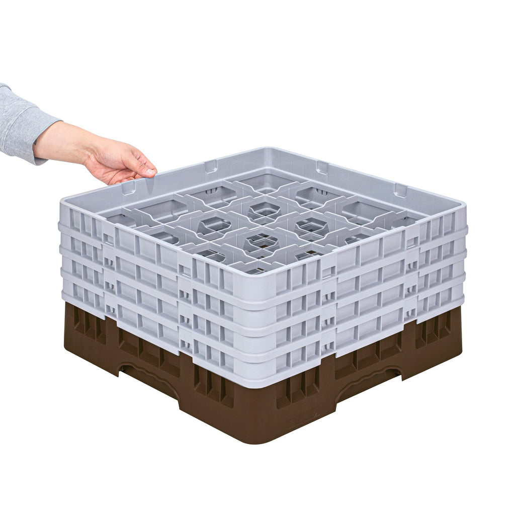 Clean Tek Professional Brown Glass Rack - 16 Compartments, 1 Full Drop and 3 Half Drop Extenders - 19 3/4" x 19 3/4" x 10 1/2" - 1 count box