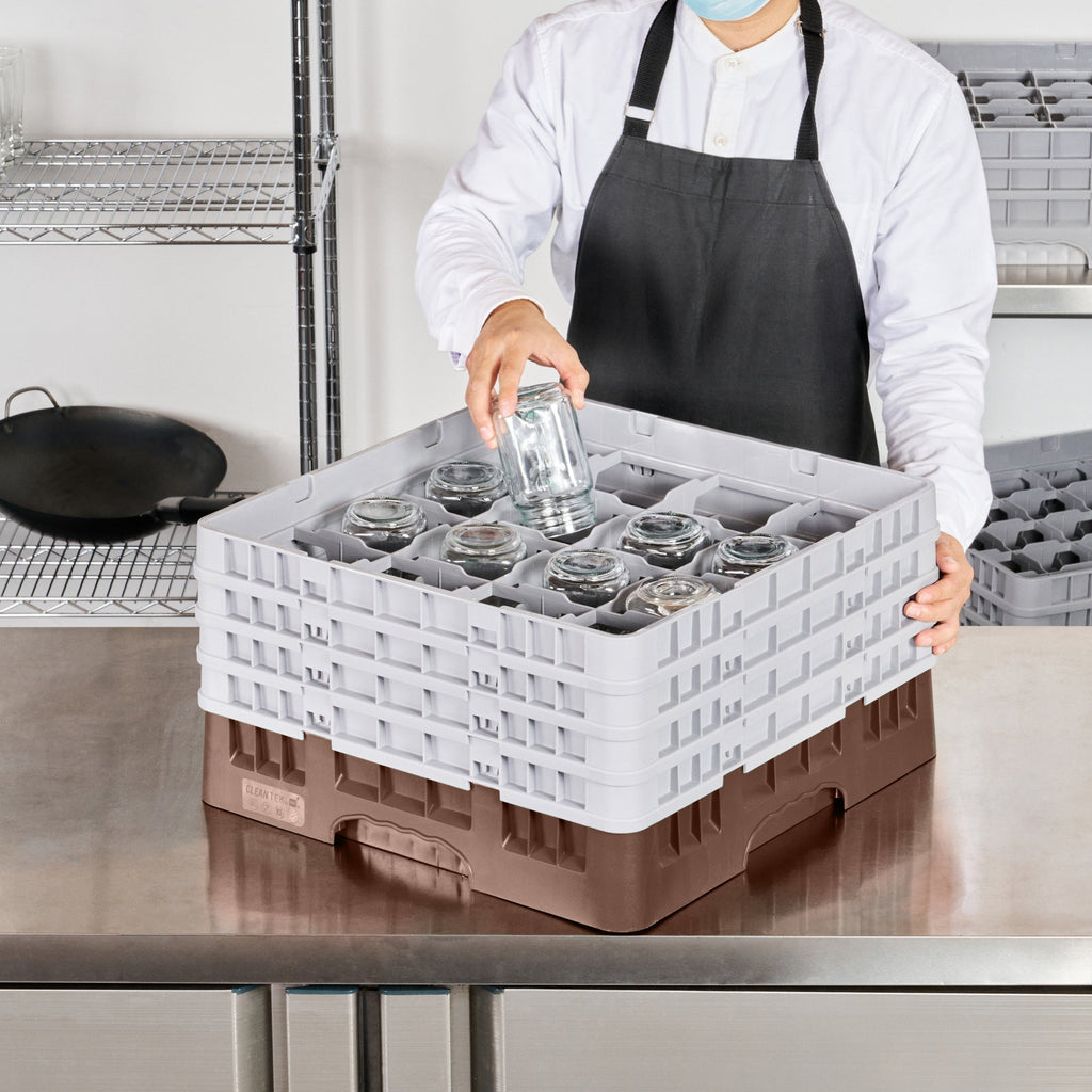 Clean Tek Professional Brown Glass Rack - 16 Compartments, 1 Full Drop and 3 Half Drop Extenders - 19 3/4" x 19 3/4" x 10 1/2" - 1 count box