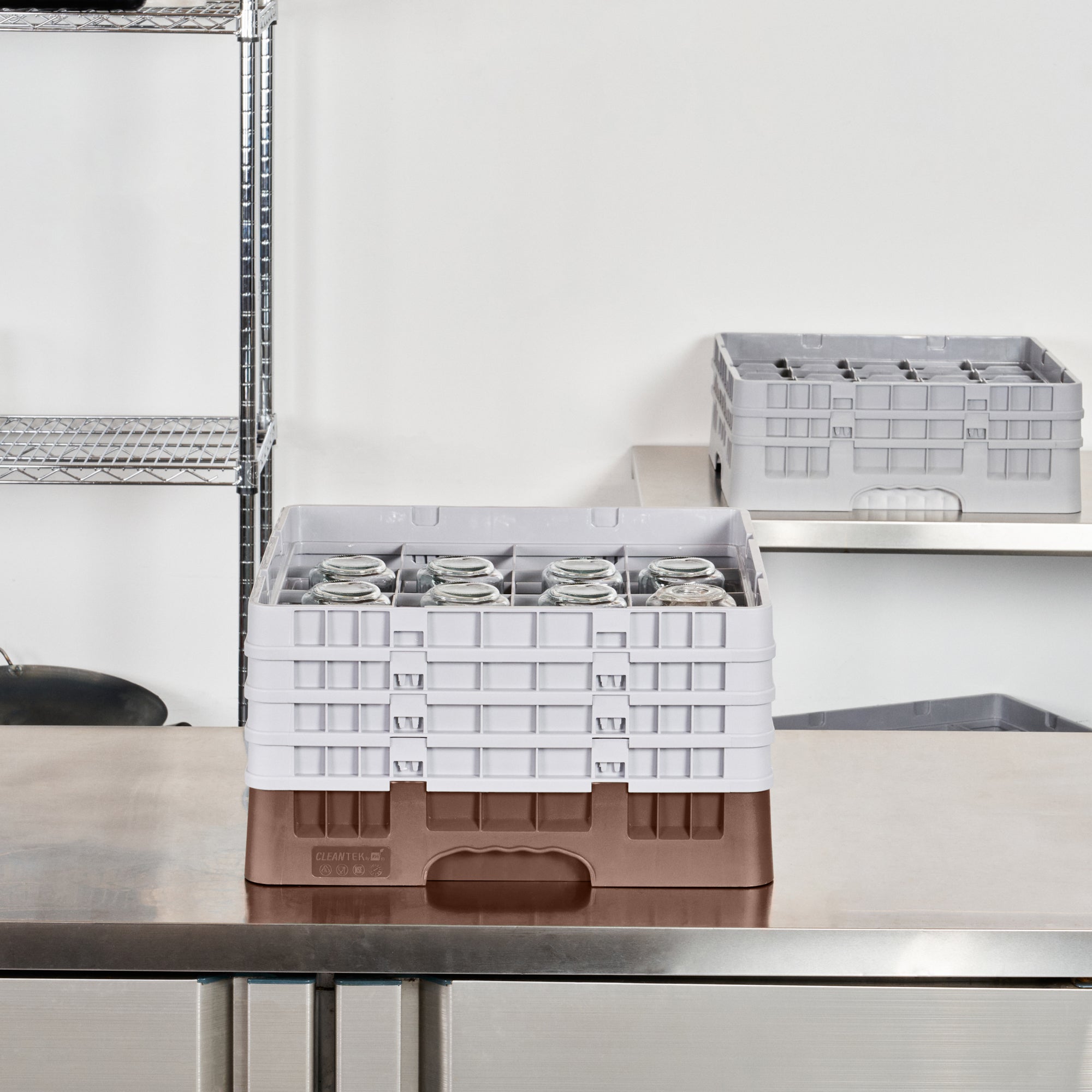 Clean Tek Professional Brown Glass Rack - 16 Compartments, 1 Full Drop and 3 Half Drop Extenders - 19 3/4" x 19 3/4" x 10 1/2" - 1 count box