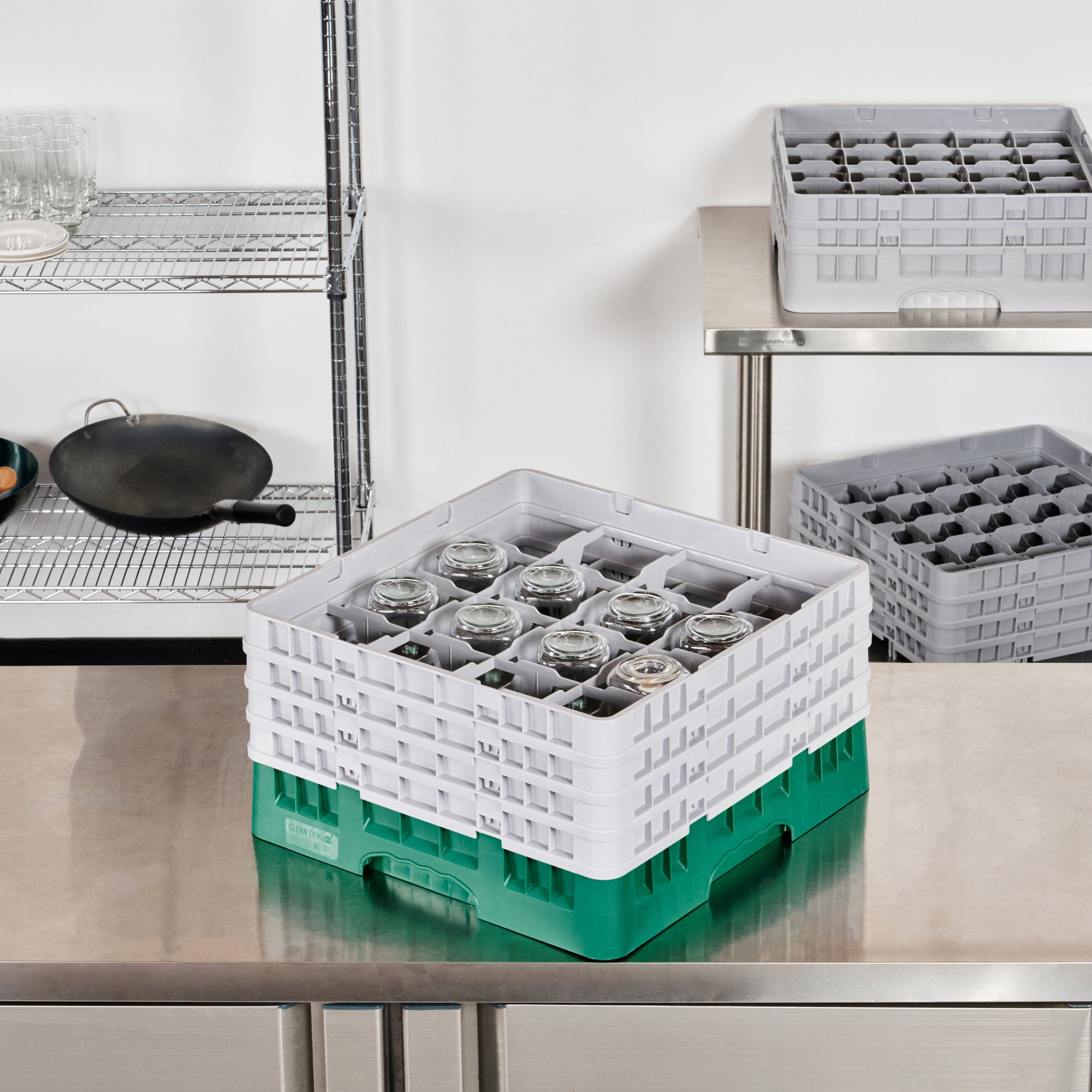 Clean Tek Professional Green Glass Rack - 16 Compartments, 1 Full Drop and 3 Half Drop Extenders - 19 3/4" x 19 3/4" x 10 1/2" - 1 count box
