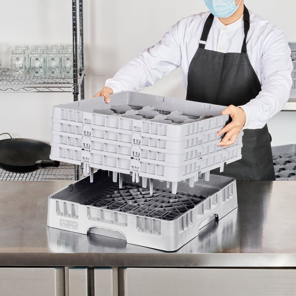 Clean Tek Professional Gray Glass Rack - 16 Compartments, 1 Full Drop and 3 Half Drop Extenders - 19 3/4" x 19 3/4" x 10 1/2" - 1 count box