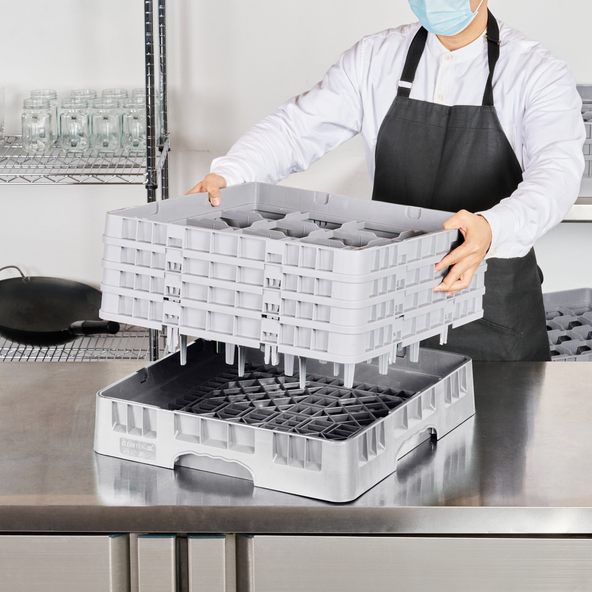 Clean Tek Professional Gray Glass Rack - 16 Compartments, 1 Full Drop and 3 Half Drop Extenders - 19 3/4" x 19 3/4" x 10 1/2" - 1 count box