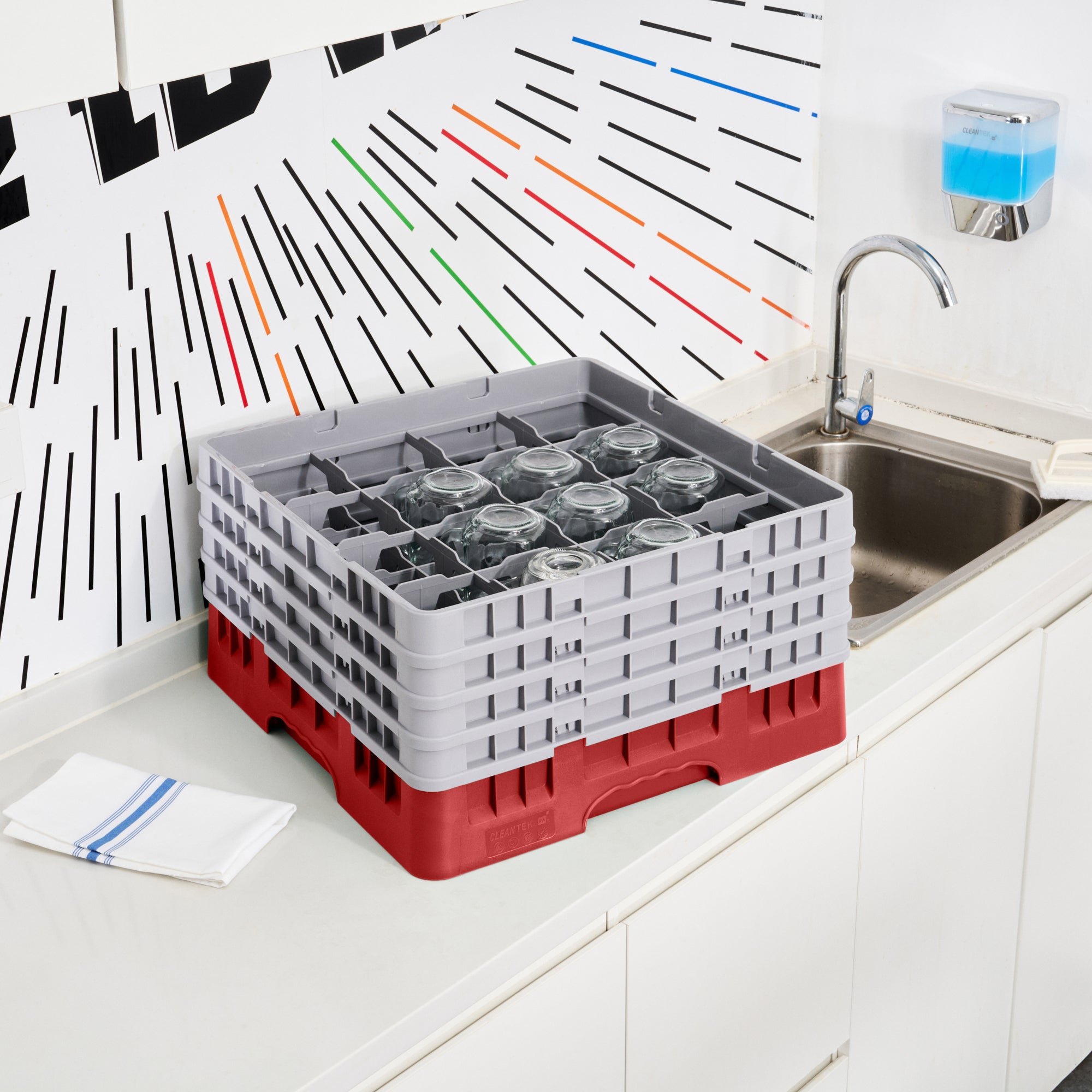 Clean Tek Professional Red Glass Rack - 16 Compartments, 1 Full Drop and 3 Half Drop Extenders - 19 3/4" x 19 3/4" x 10 1/2" - 1 count box