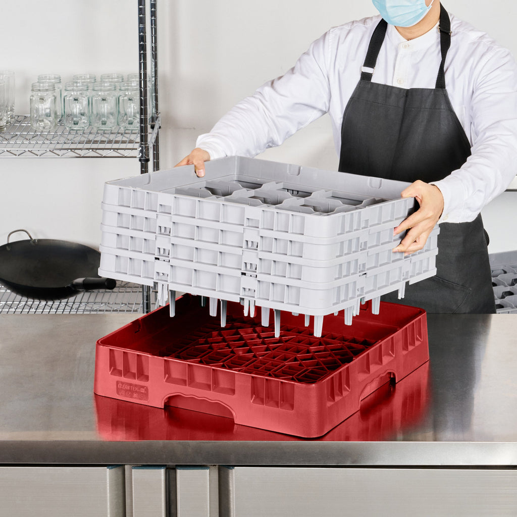 Clean Tek Professional Red Glass Rack - 16 Compartments, 1 Full Drop and 3 Half Drop Extenders - 19 3/4" x 19 3/4" x 10 1/2" - 1 count box