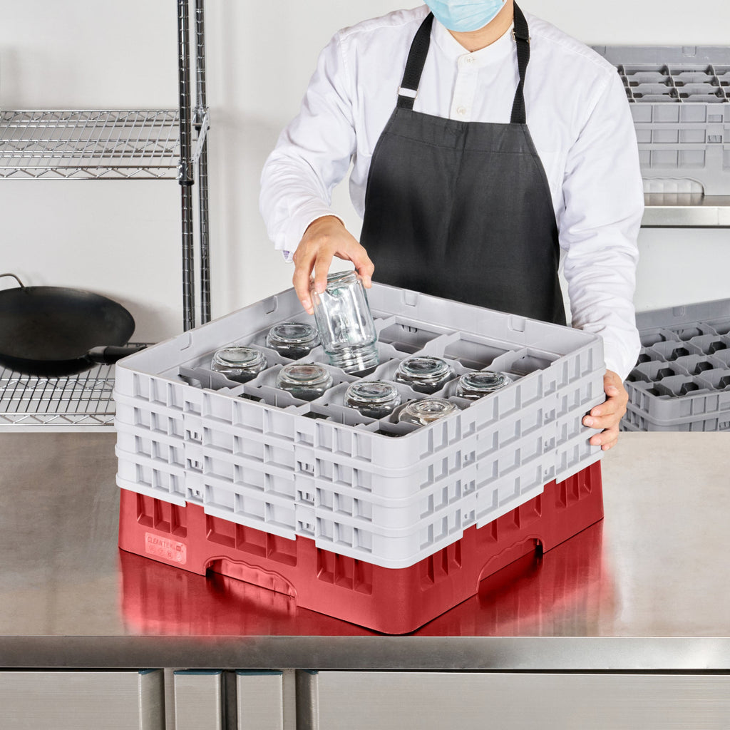 Clean Tek Professional Red Glass Rack - 16 Compartments, 1 Full Drop and 3 Half Drop Extenders - 19 3/4" x 19 3/4" x 10 1/2" - 1 count box