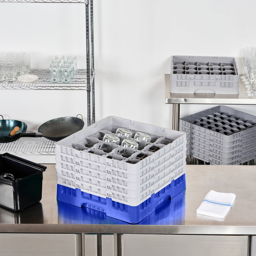 Clean Tek Professional Blue Glass Rack - 16 Compartments, 1 Full Drop and 4 Half Drop Extenders - 19 3/4" x 19 3/4" x 12 1/4" - 1 count box
