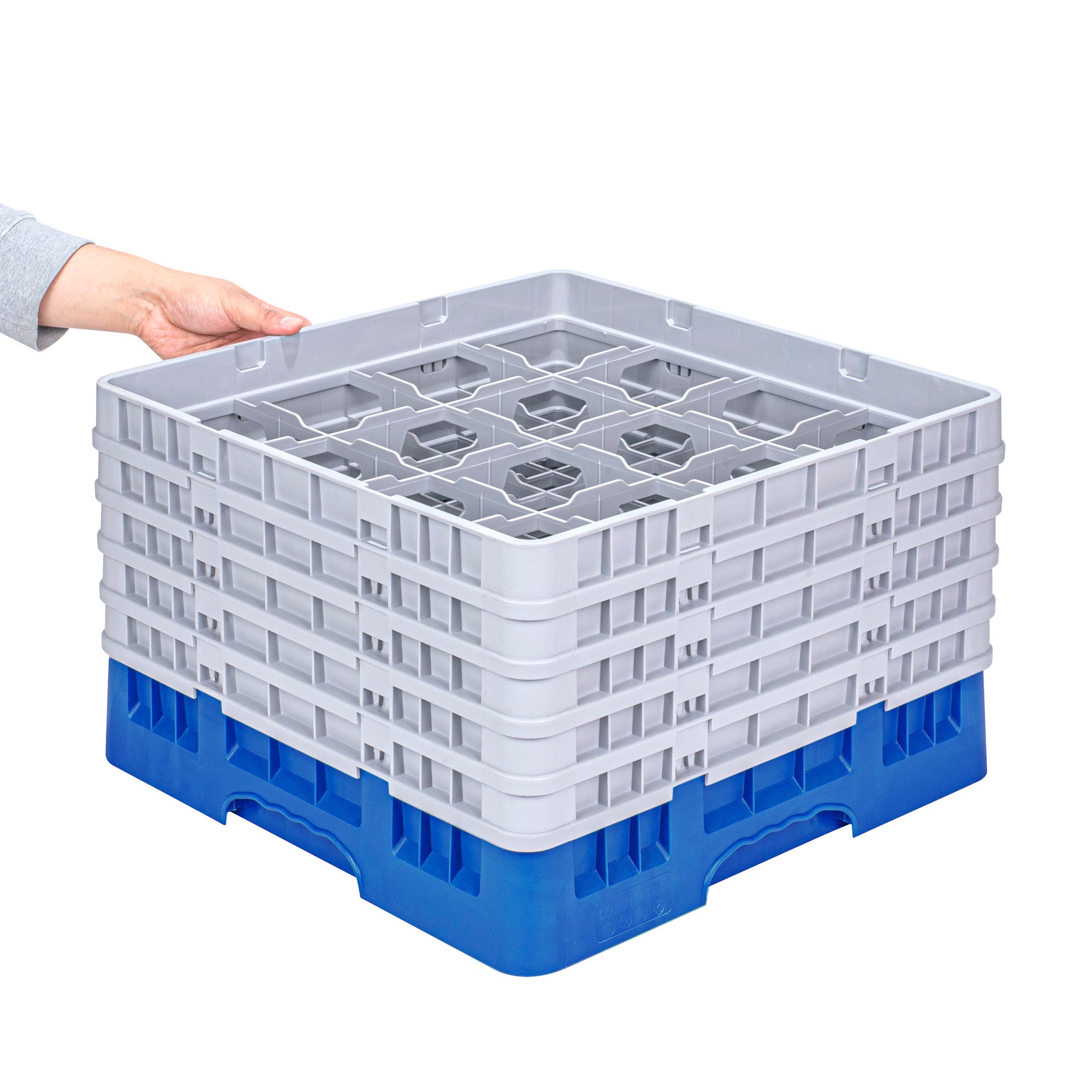 Clean Tek Professional Blue Glass Rack - 16 Compartments, 1 Full Drop and 4 Half Drop Extenders - 19 3/4" x 19 3/4" x 12 1/4" - 1 count box