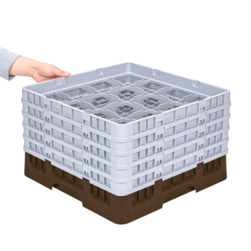 Clean Tek Professional Brown Glass Rack - 16 Compartments, 1 Full Drop and 4 Half Drop Extenders - 19 3/4" x 19 3/4" x 12 1/4" - 1 count box