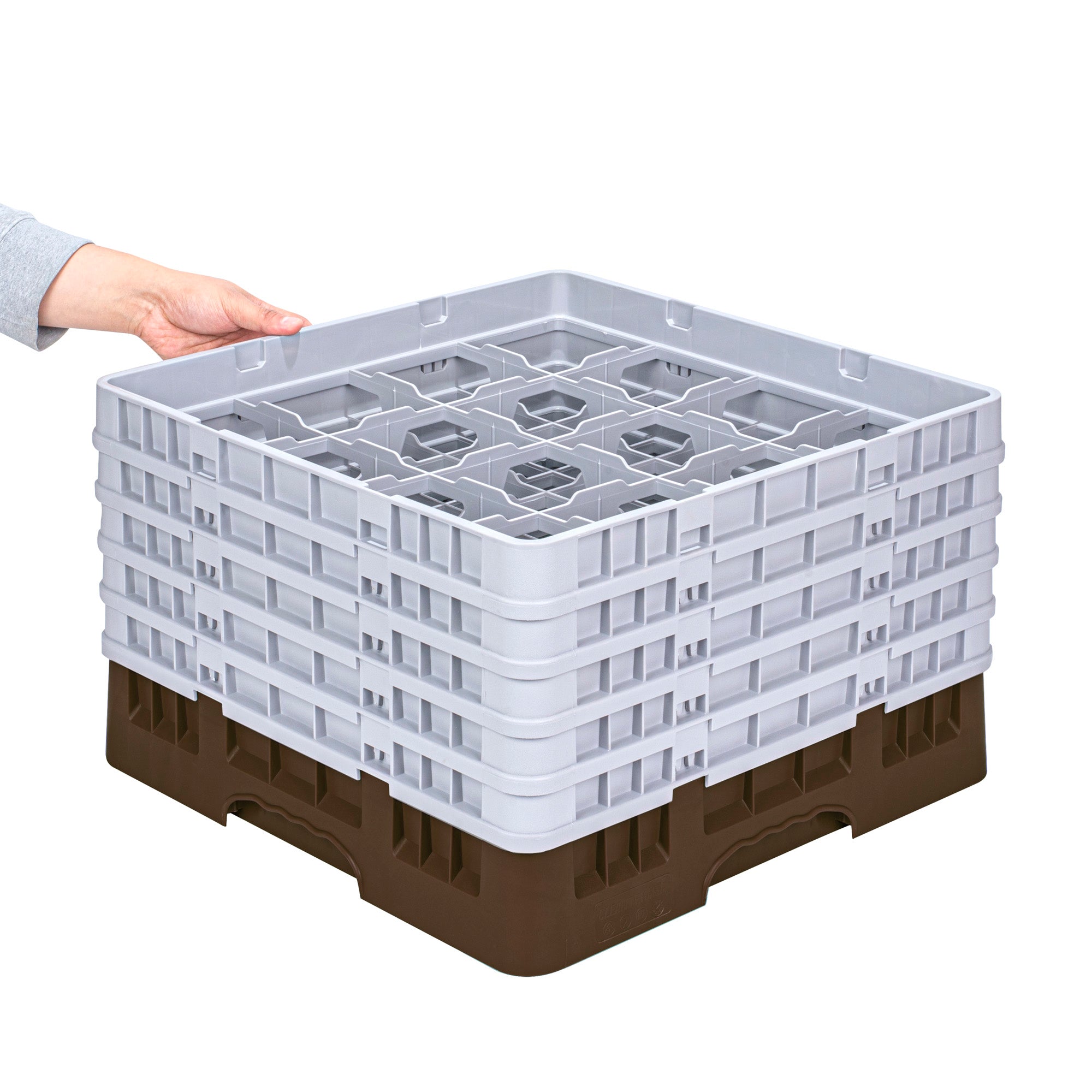 Clean Tek Professional Brown Glass Rack - 16 Compartments, 1 Full Drop and 4 Half Drop Extenders - 19 3/4" x 19 3/4" x 12 1/4" - 1 count box
