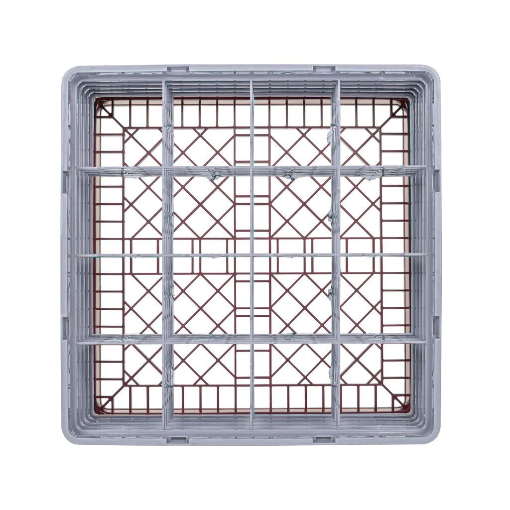 Clean Tek Professional Brown Glass Rack - 16 Compartments, 1 Full Drop and 4 Half Drop Extenders - 19 3/4" x 19 3/4" x 12 1/4" - 1 count box