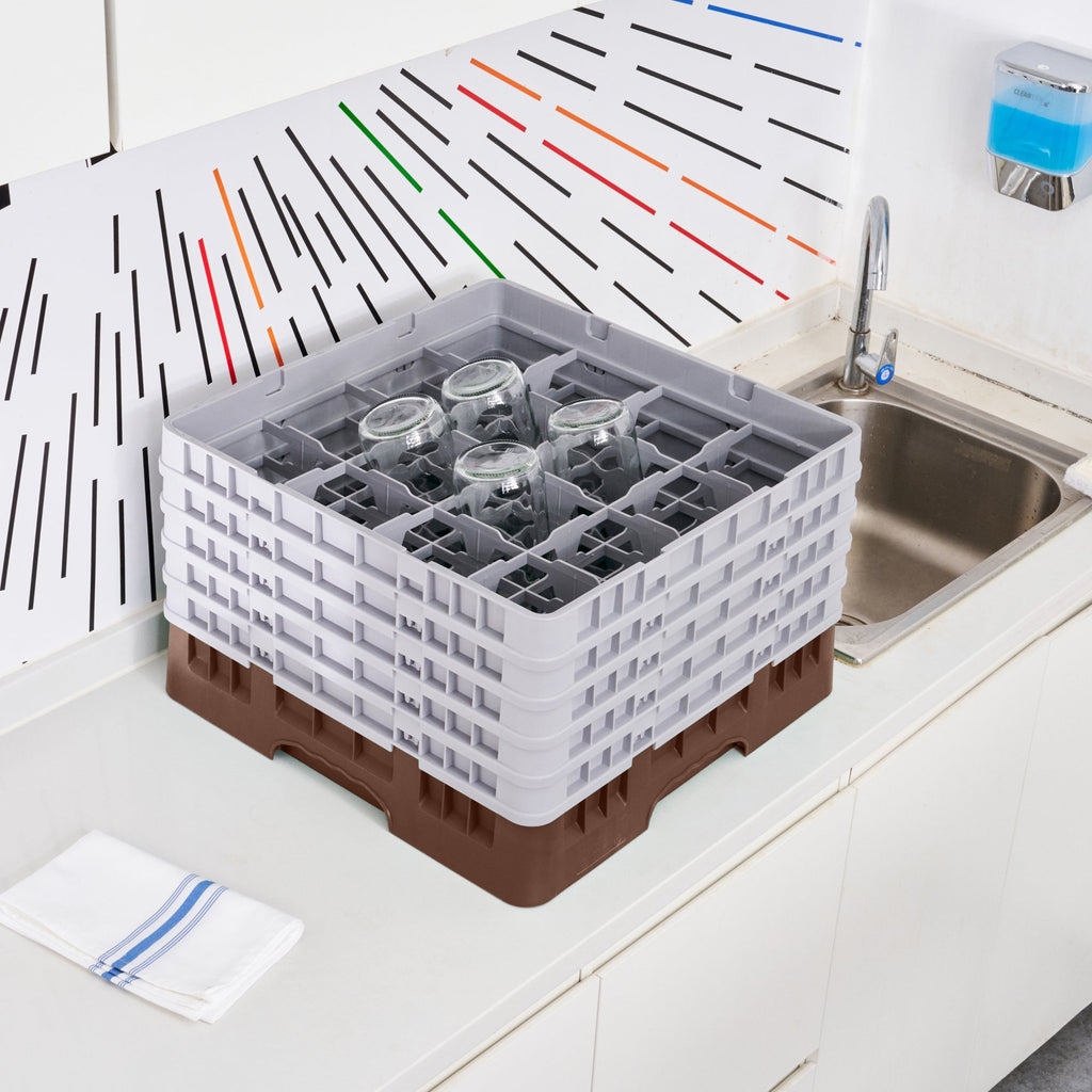 Clean Tek Professional Brown Glass Rack - 16 Compartments, 1 Full Drop and 4 Half Drop Extenders - 19 3/4" x 19 3/4" x 12 1/4" - 1 count box