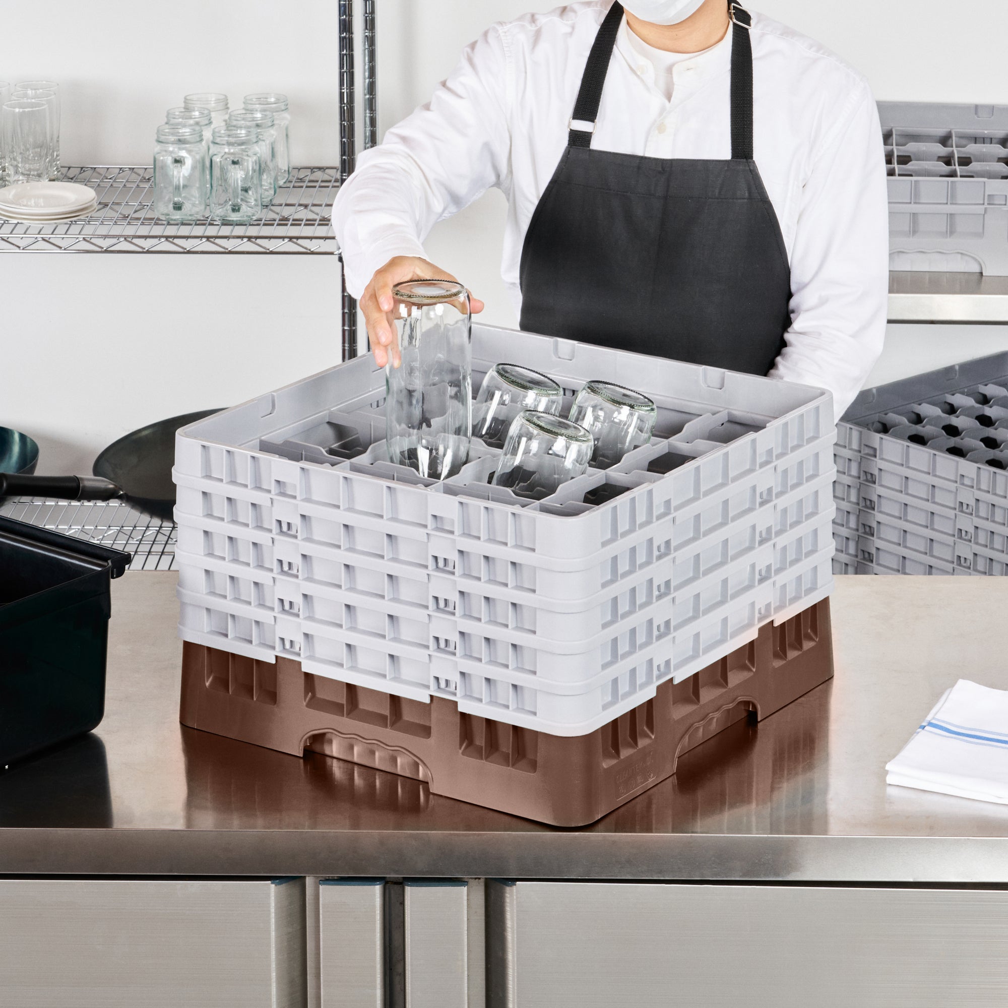 Clean Tek Professional Brown Glass Rack - 16 Compartments, 1 Full Drop and 4 Half Drop Extenders - 19 3/4" x 19 3/4" x 12 1/4" - 1 count box