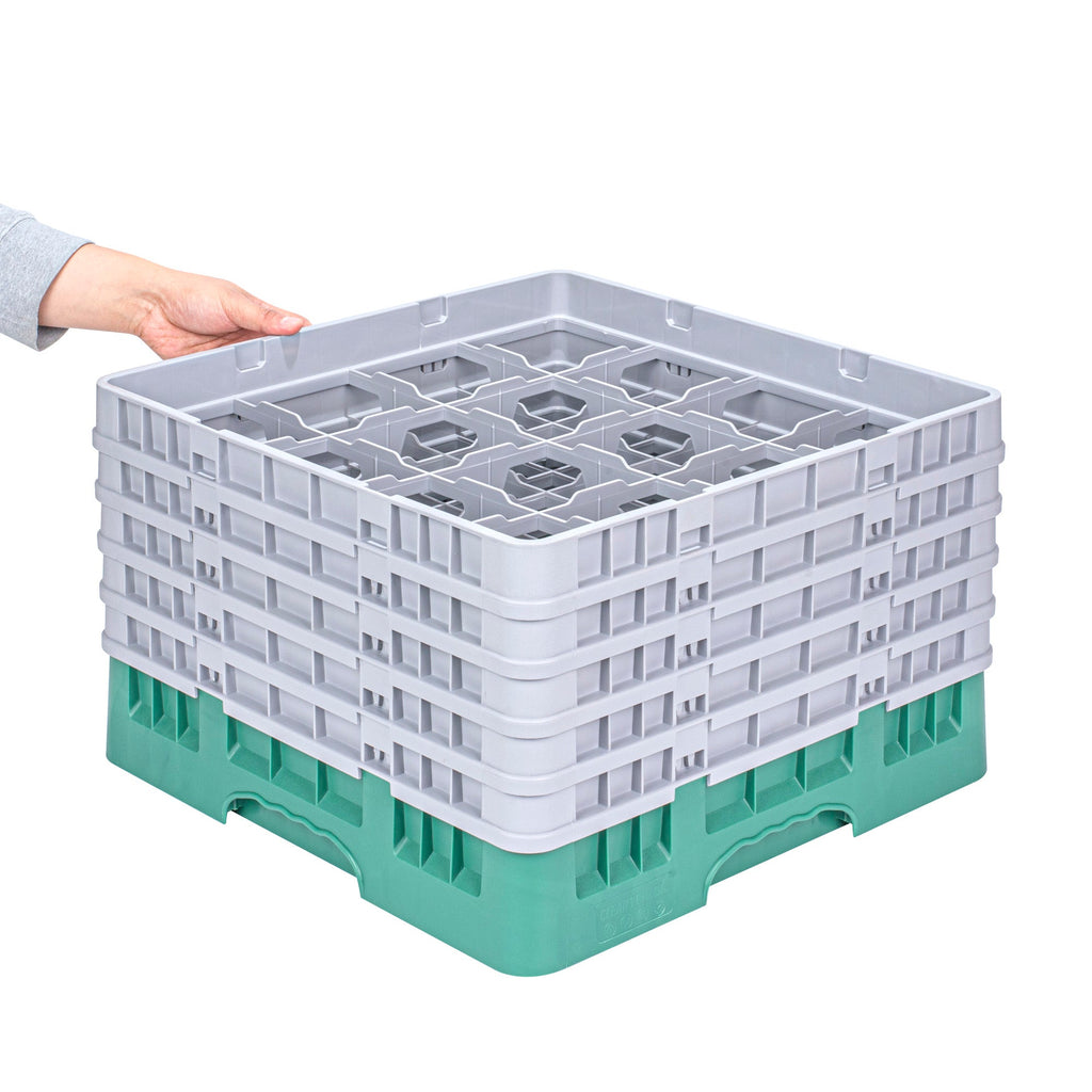 Clean Tek Professional Green Glass Rack - 16 Compartments, 1 Full Drop and 4 Half Drop Extenders - 19 3/4" x 19 3/4" x 12 1/4" - 1 count box