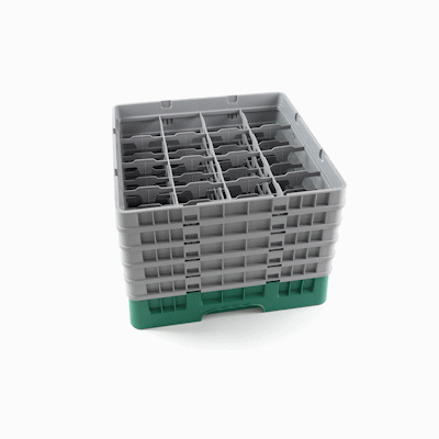 Clean Tek Professional Green Glass Rack - 16 Compartments, 1 Full Drop and 4 Half Drop Extenders - 19 3/4" x 19 3/4" x 12 1/4" - 1 count box