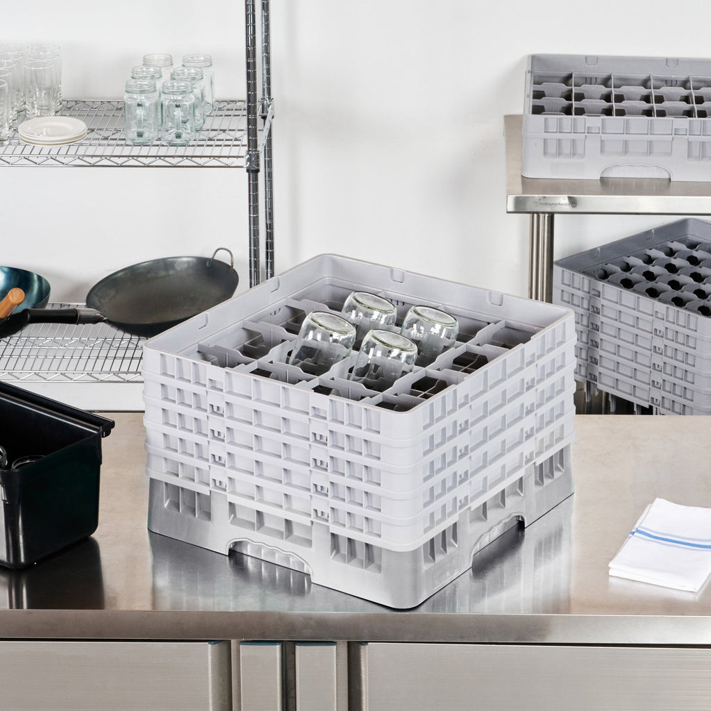 Clean Tek Professional Gray Glass Rack - 16 Compartments, 1 Full Drop and 4 Half Drop Extenders - 19 3/4" x 19 3/4" x 12 1/4" - 1 count box