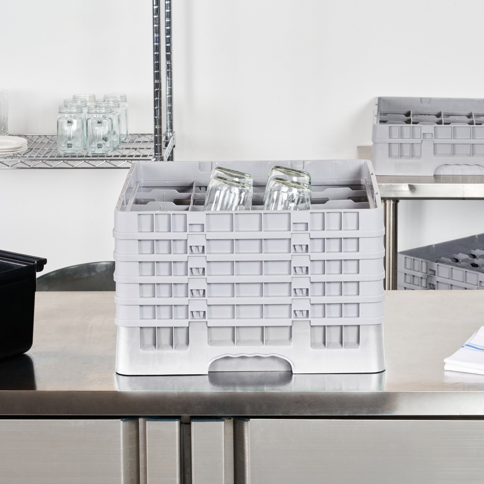 Clean Tek Professional Gray Glass Rack - 16 Compartments, 1 Full Drop and 4 Half Drop Extenders - 19 3/4" x 19 3/4" x 12 1/4" - 1 count box