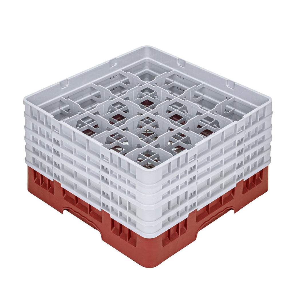 Clean Tek Professional Red Glass Rack - 16 Compartments, 1 Full Drop and 4 Half Drop Extenders - 19 3/4" x 19 3/4" x 12 1/4" - 1 count box