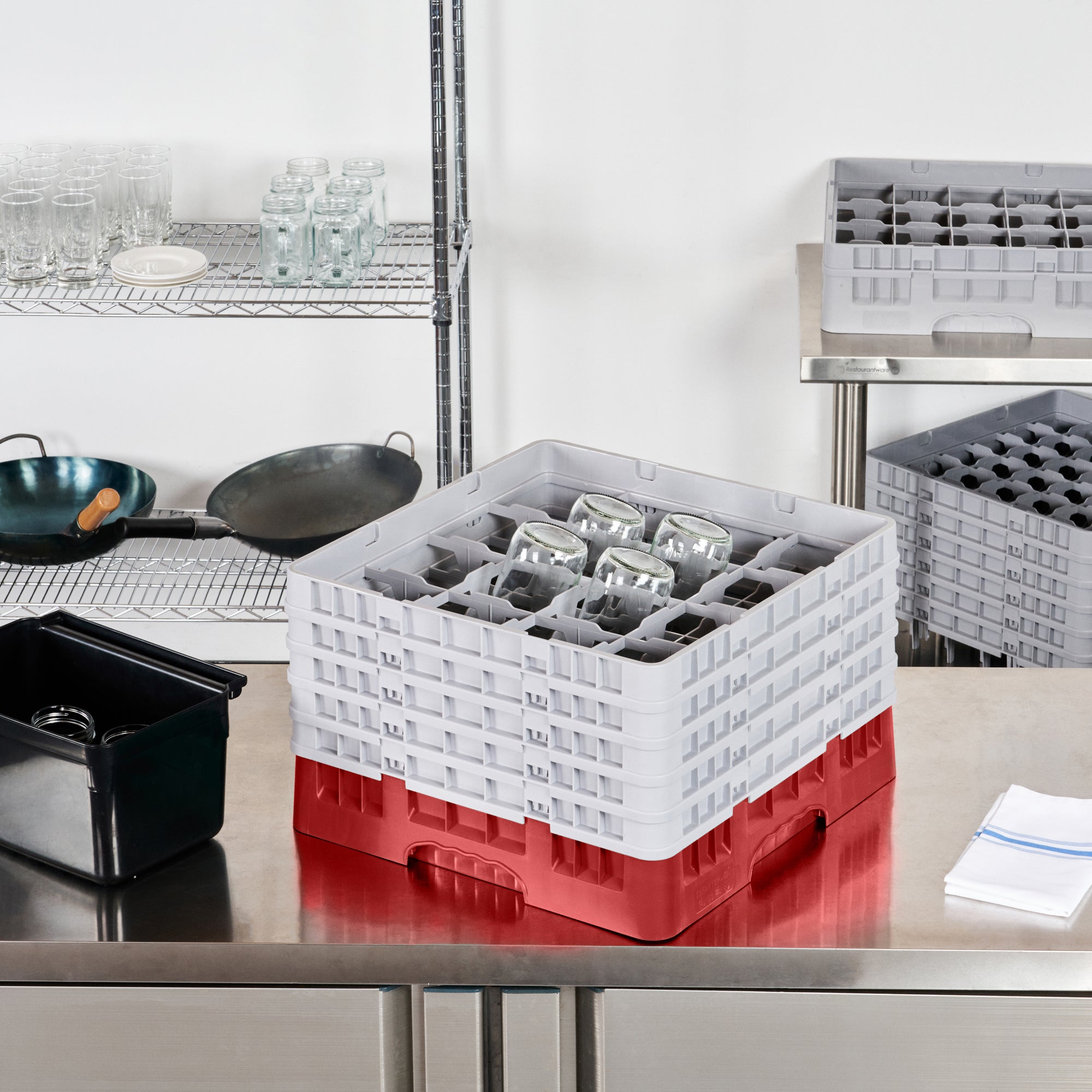 Clean Tek Professional Red Glass Rack - 16 Compartments, 1 Full Drop and 4 Half Drop Extenders - 19 3/4" x 19 3/4" x 12 1/4" - 1 count box