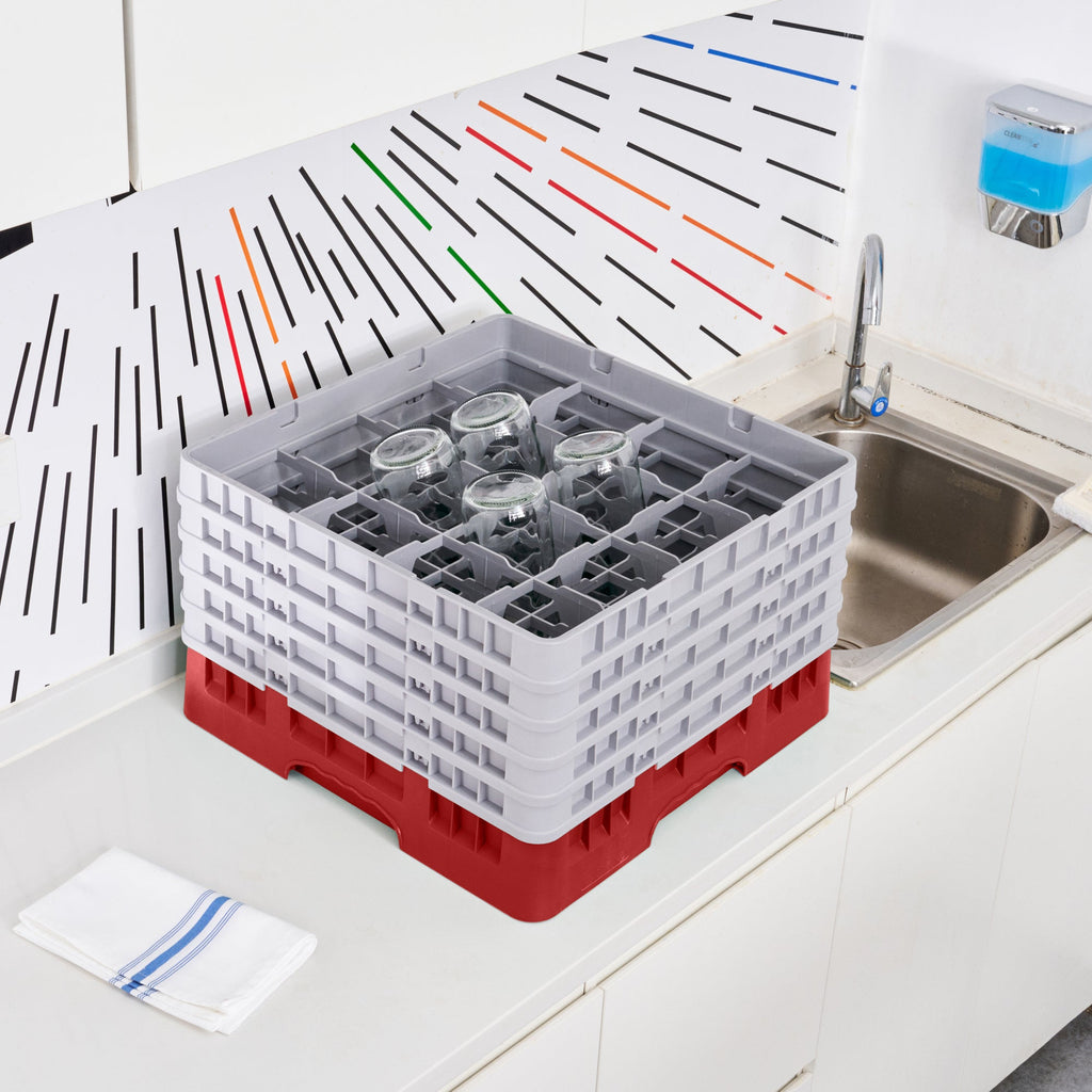 Clean Tek Professional Red Glass Rack - 16 Compartments, 1 Full Drop and 4 Half Drop Extenders - 19 3/4" x 19 3/4" x 12 1/4" - 1 count box