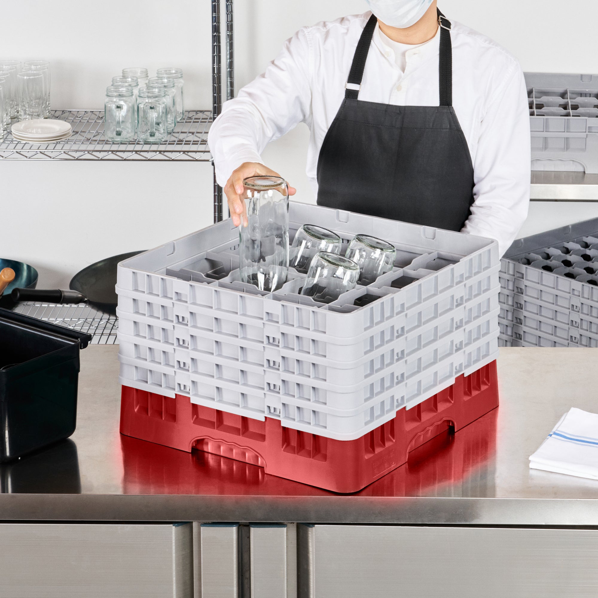 Clean Tek Professional Red Glass Rack - 16 Compartments, 1 Full Drop and 4 Half Drop Extenders - 19 3/4" x 19 3/4" x 12 1/4" - 1 count box