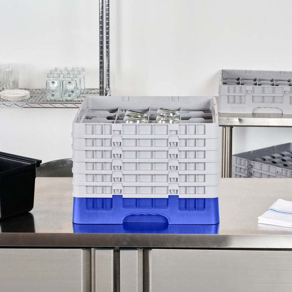 Clean Tek Professional Blue Glass Rack - 16 Compartments, 1 Full Drop and 5 Half Drop Extenders - 19 3/4" x 19 3/4" x 13 3/4" - 1 count box