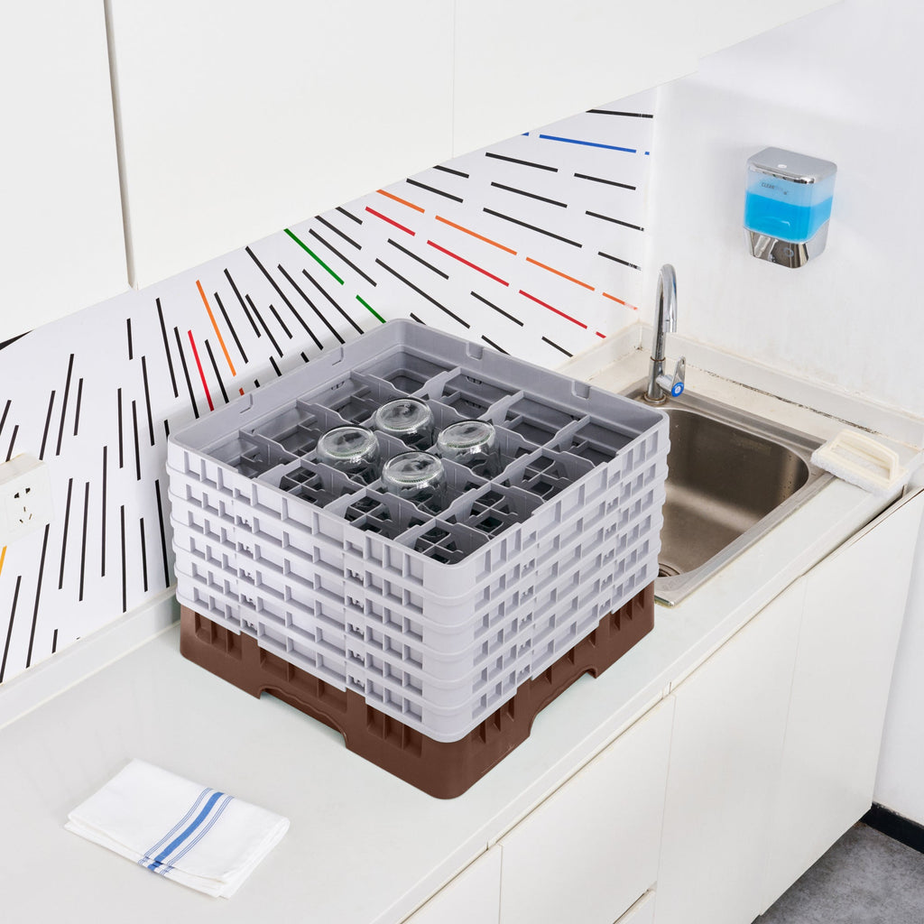 Clean Tek Professional Brown Glass Rack - 16 Compartments, 1 Full Drop and 5 Half Drop Extenders - 19 3/4" x 19 3/4" x 13 3/4" - 1 count box