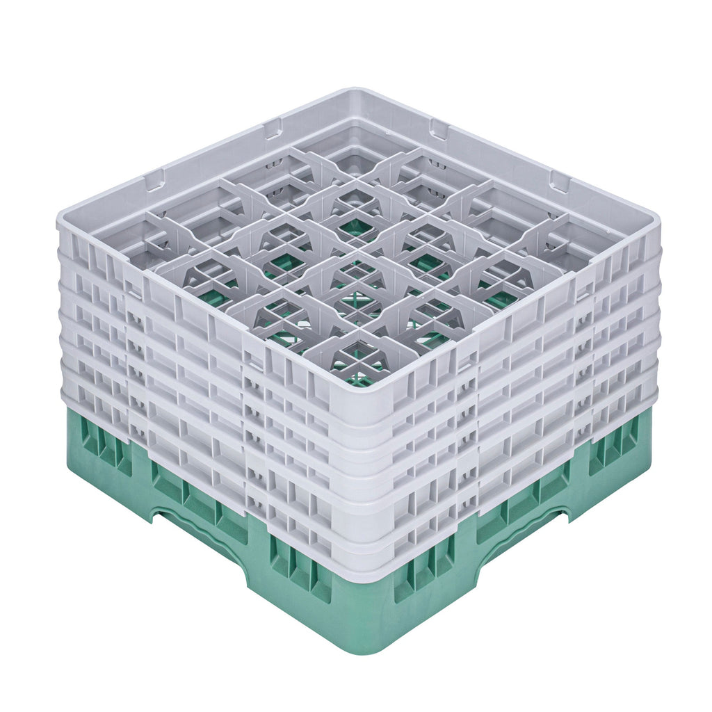 Clean Tek Professional Green Glass Rack - 16 Compartments, 1 Full Drop and 5 Half Drop Extenders - 19 3/4" x 19 3/4" x 13 3/4" - 1 count box