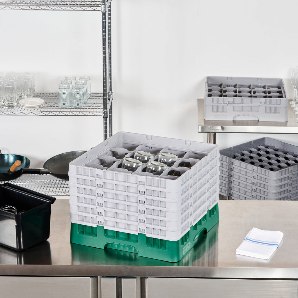 Clean Tek Professional Green Glass Rack - 16 Compartments, 1 Full Drop and 5 Half Drop Extenders - 19 3/4" x 19 3/4" x 13 3/4" - 1 count box