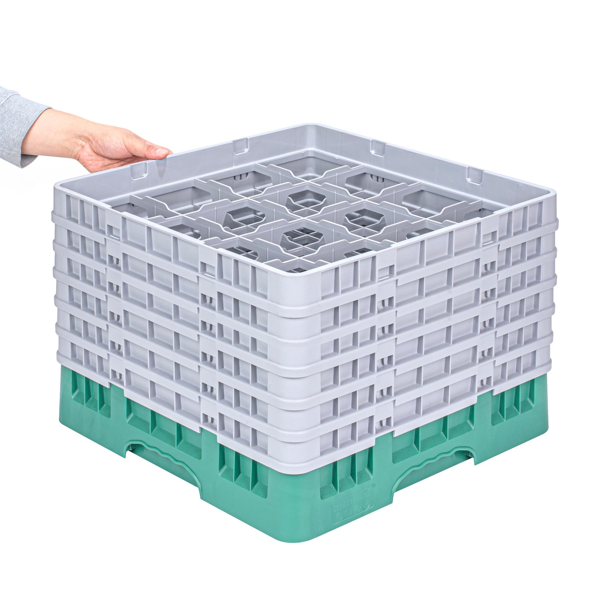 Clean Tek Professional Green Glass Rack - 16 Compartments, 1 Full Drop and 5 Half Drop Extenders - 19 3/4" x 19 3/4" x 13 3/4" - 1 count box