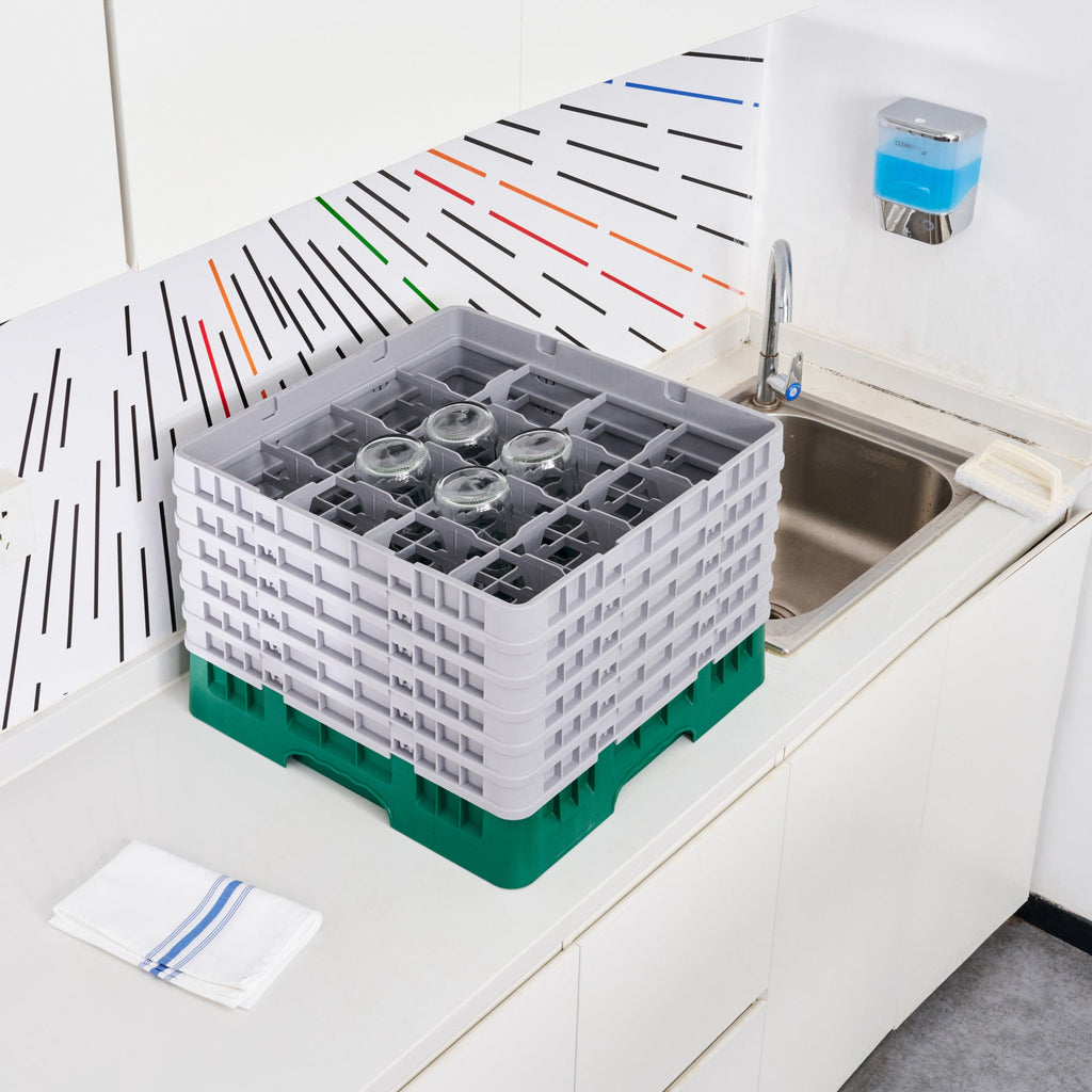 Clean Tek Professional Green Glass Rack - 16 Compartments, 1 Full Drop and 5 Half Drop Extenders - 19 3/4" x 19 3/4" x 13 3/4" - 1 count box