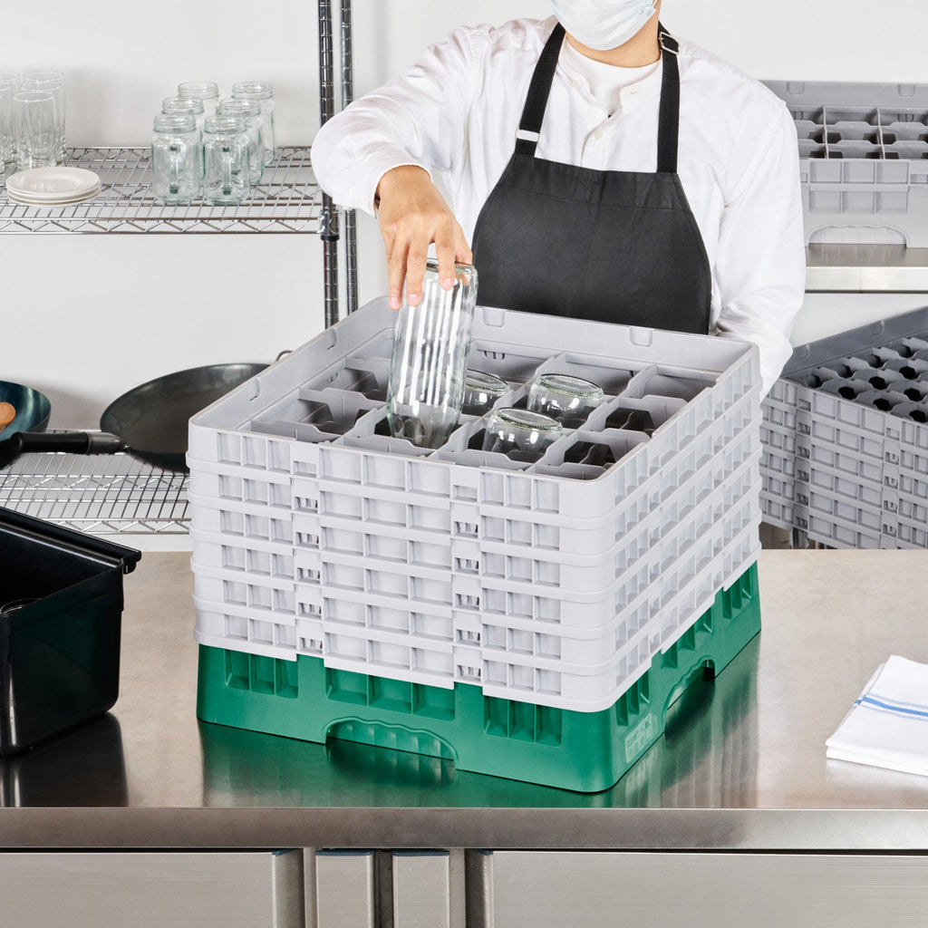 Clean Tek Professional Green Glass Rack - 16 Compartments, 1 Full Drop and 5 Half Drop Extenders - 19 3/4" x 19 3/4" x 13 3/4" - 1 count box